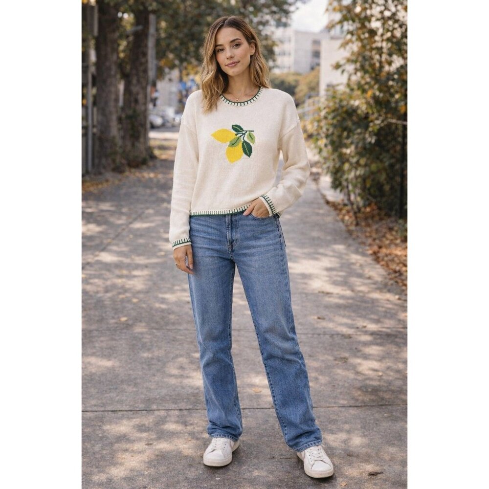 New Womans Farmhouse Stitched Lemon Lemonade Long Sleeve Sweater - Large